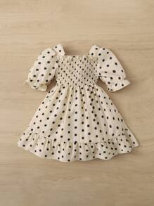 SHEIN Baby Polka Dot Shirred Bodice Ruffle Hem Dress - Khaki - View 2