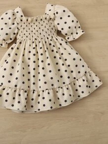 SHEIN Baby Polka Dot Shirred Bodice Ruffle Hem Dress - Khaki - View 4