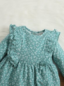 SHEIN 嬰兒小碎花荷葉邊連衣裙 - 青碧色 - 查看 3