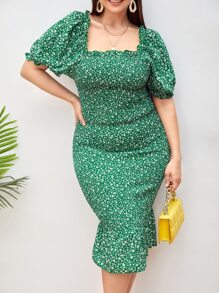 SHEIN VCAY Plus Ditsy Floral Shirred Puff Sleeve Ruffle Hem Bodycon Summer Boho Dress - Green - View 1