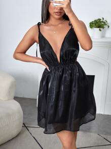 SHEIN Tie Shoulder Plunge Neck Backless Dress - Black - View 3