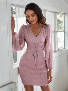 SHEIN Privé Swiss Dot Lace Up Front Frill Trim Ruched Dress - Dusty Pink - View 1