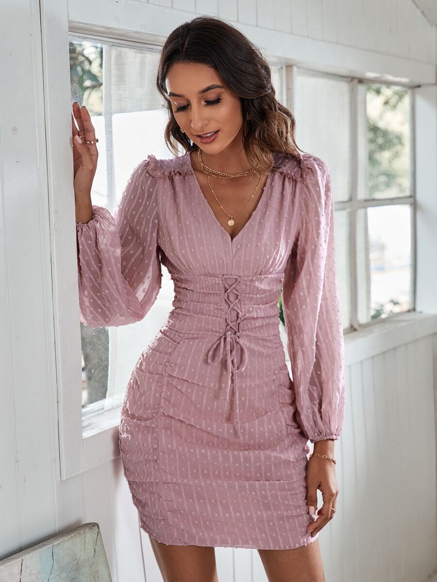 SHEIN Privé Swiss Dot Lace Up Front Frill Trim Ruched Dress - Dusty Pink - View 1
