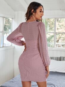 SHEIN Privé Swiss Dot Lace Up Front Frill Trim Ruched Dress - Dusty Pink - View 2