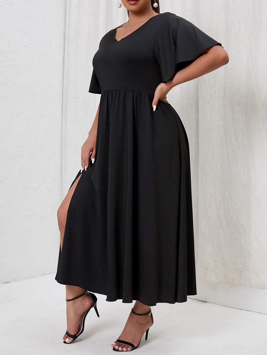 Plus Butterfly Sleeve Split Thigh Dress - Black - View 1