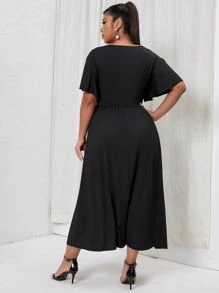Plus Butterfly Sleeve Split Thigh Dress - Black - View 2