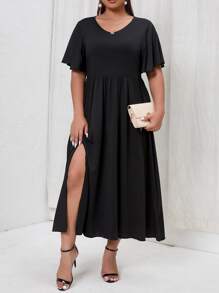 Plus Butterfly Sleeve Split Thigh Dress - Black - View 3
