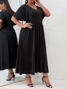 Plus Butterfly Sleeve Split Thigh Dress - Black - View 4