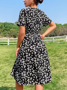 SHEIN VCAY Đầm Dải chun Hoa Tất cả trên in Boho - màu đen - Xem 2