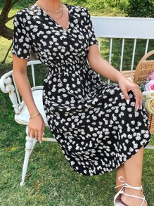 SHEIN VCAY Đầm Dải chun Hoa Tất cả trên in Boho - màu đen - Xem 3