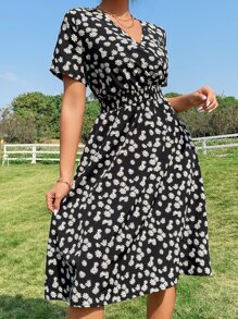 SHEIN VCAY Đầm Dải chun Hoa Tất cả trên in Boho - màu đen - Xem 4