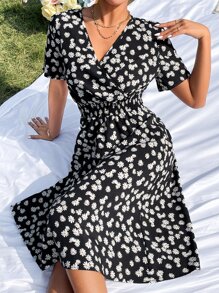 SHEIN VCAY Đầm Dải chun Hoa Tất cả trên in Boho - màu đen - Xem 6