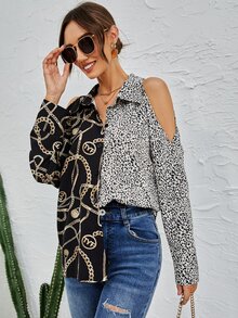 豹紋和鏈條印花挖肩前排扣襯衫 - 彩色 - 查看 4