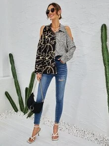 豹紋和鏈條印花挖肩前排扣襯衫 - 彩色 - 查看 6