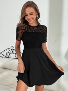 SHEIN Frenchy Contrast Lace Cut Out Back Dress - Black - View 1