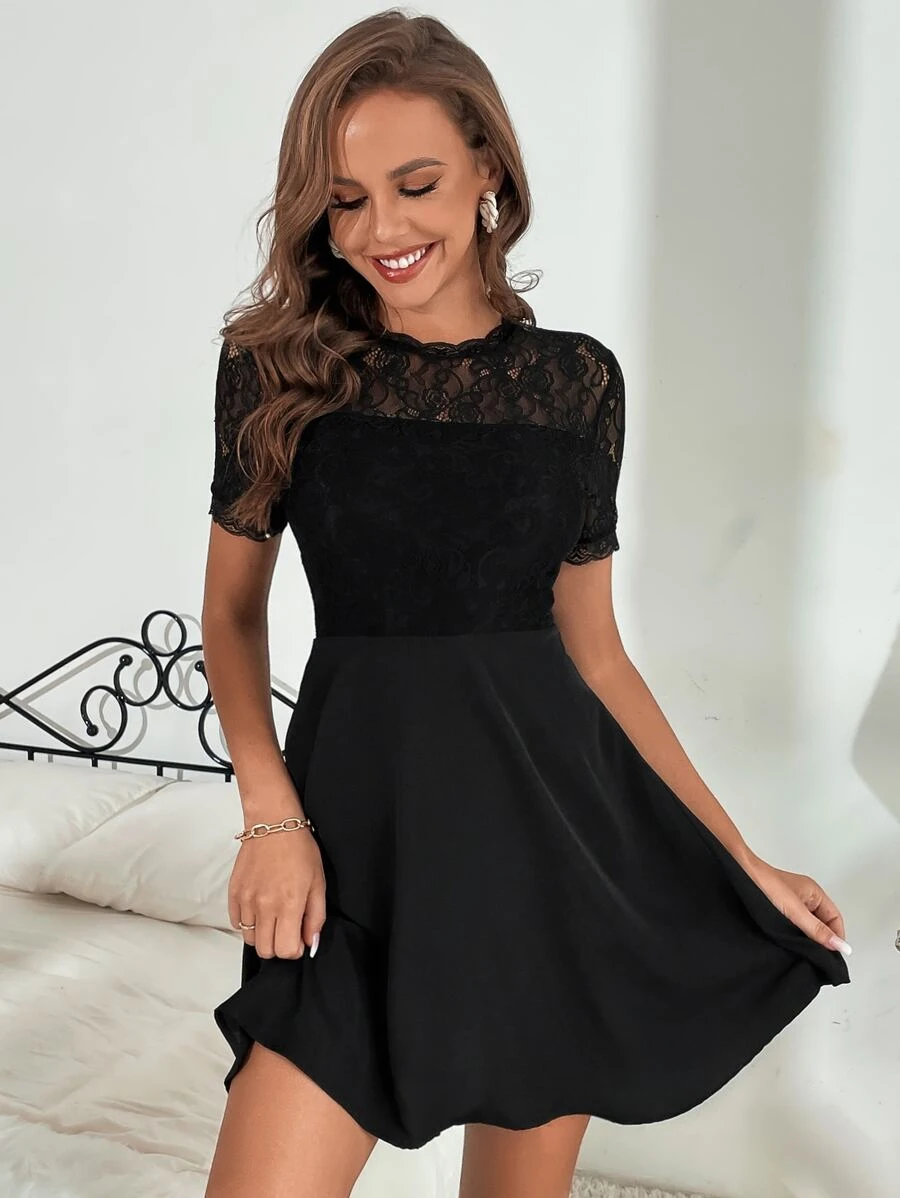 SHEIN Frenchy Contrast Lace Cut Out Back Dress - Black - View 1