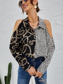 豹紋和鏈條印花挖肩前排扣襯衫 - 彩色 - 查看 7
