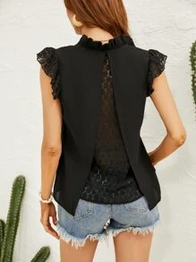 SHEIN Frenchy Blusa con encaje en contraste de manga con volante fruncido cuello - Negro - Ver 1