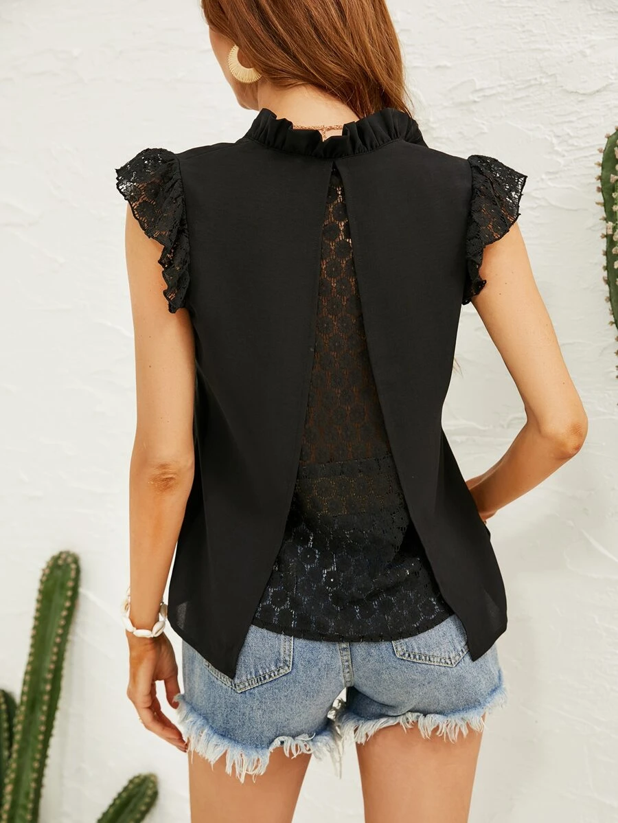 SHEIN Frenchy Blusa con encaje en contraste de manga con volante fruncido cuello - Negro - Ver 1