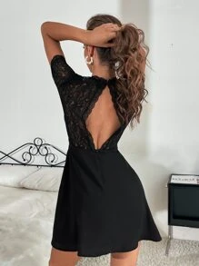 SHEIN Frenchy Contrast Lace Cut Out Back Dress - Black - View 4