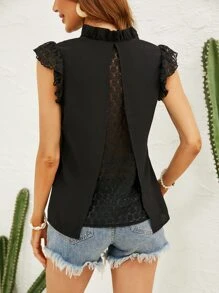 SHEIN Frenchy Blusa con encaje en contraste de manga con volante fruncido cuello - Negro - Ver 3