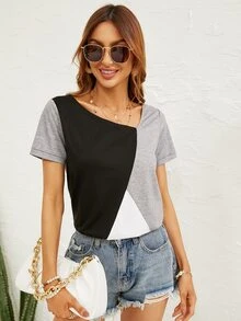 撞色不對稱領T恤 - 彩色 - 查看 5
