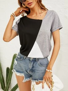 撞色不對稱領T恤 - 彩色 - 查看 7