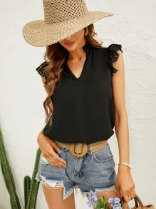 SHEIN Frenchy Blusa con encaje en contraste de manga con volante fruncido cuello - Negro - Ver 6