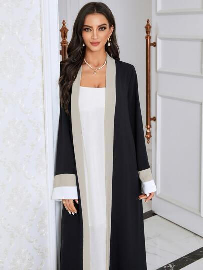 Al Najma Contrast Trim Trumpet Sleeve Modest Long Sleeve Abaya Without Belt, Robe