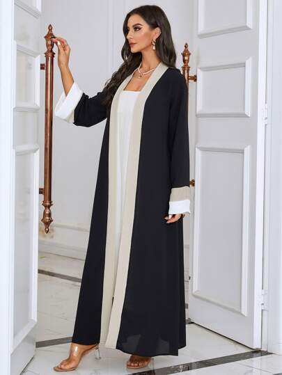 Al Najma Contrast Trim Trumpet Sleeve Modest Long Sleeve Abaya Without Belt, Robe