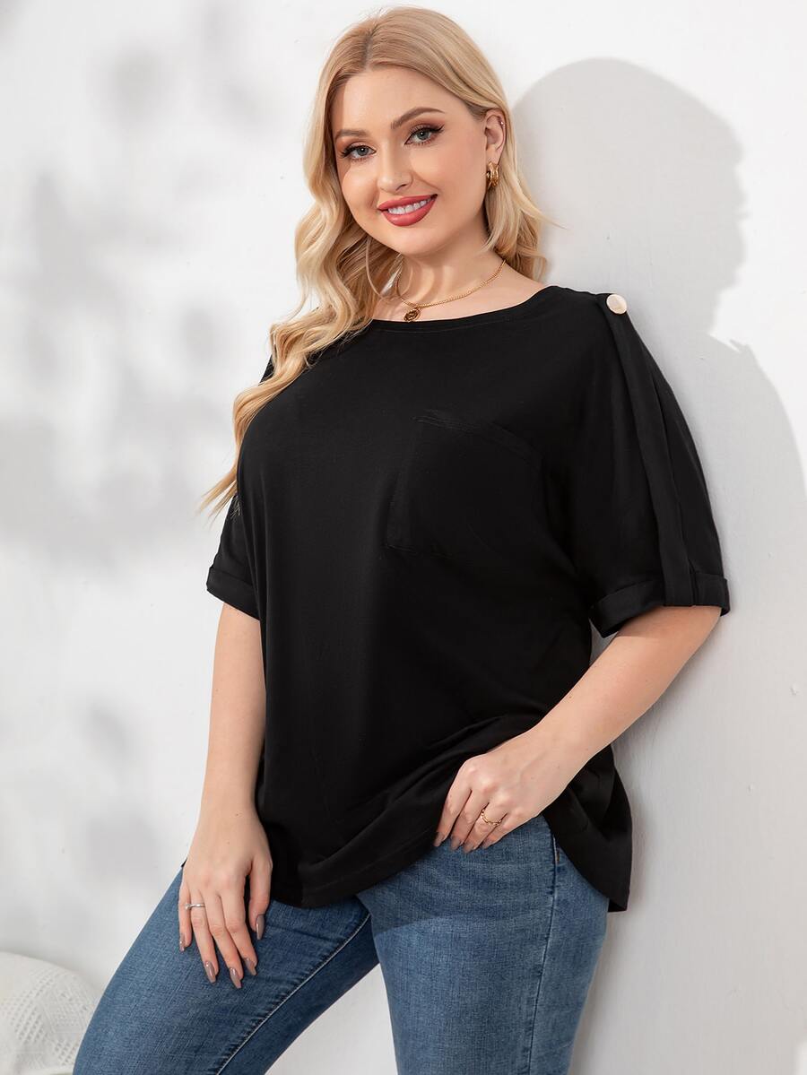 Áo thun Plus size Nút màu trơn Giải trí - màu đen - Xem 1