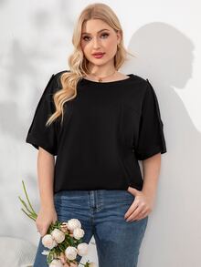 Áo thun Plus size Nút màu trơn Giải trí - màu đen - Xem 3