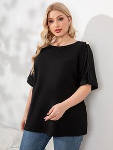 Áo thun Plus size Nút màu trơn Giải trí - màu đen - Xem 4