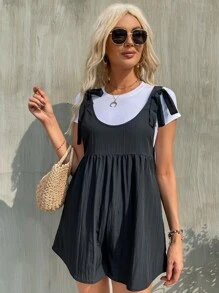 SHEIN EZwear 1入組肩部蝴蝶結素色連身短褲 - 黑色 - 查看 4