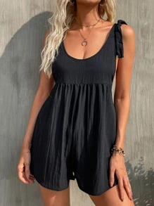 SHEIN EZwear 1入組肩部蝴蝶結素色連身短褲 - 黑色 - 查看 5