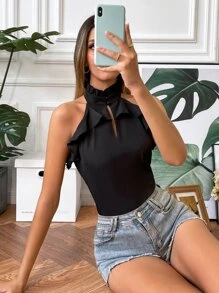 SHEIN Unity Cut Out Ruffle Trim Halter Neck Blouse - Black - View 1