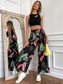 SHEIN Holidaya Cut Out Crop Tank Top & Tropical Print Wide Leg Pants - Multicolor - View 1