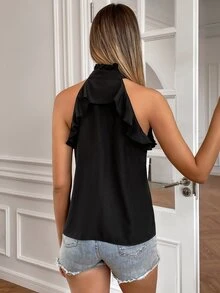 SHEIN Unity Cut Out Ruffle Trim Halter Neck Blouse - Black - View 2
