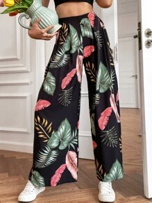 SHEIN Holidaya Cut Out Crop Tank Top & Tropical Print Wide Leg Pants - Multicolor - View 3