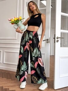 SHEIN Holidaya Cut Out Crop Tank Top & Tropical Print Wide Leg Pants - Multicolor - View 5