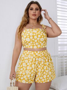 SHEIN VCAY 大碼小雛菊肩上打結吊帶背心和短褲 - 黃色 - 查看 1