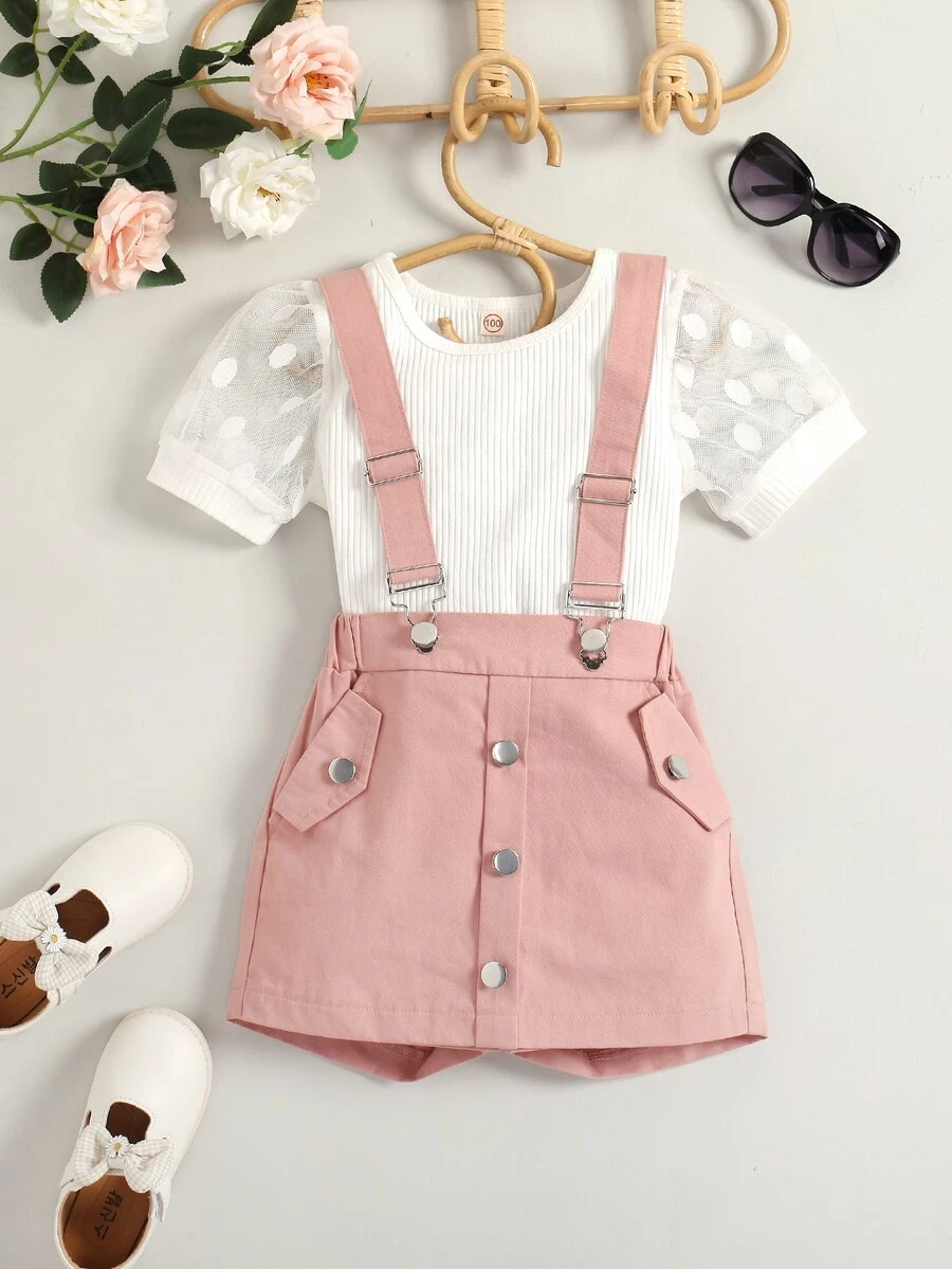 Toddler Girls Contrast Mesh Puff Sleeve Tee & Fake Button Pinafore Shorts - Multicolor - View 1