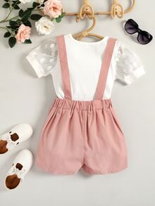 Toddler Girls Contrast Mesh Puff Sleeve Tee & Fake Button Pinafore Shorts - Multicolor - View 2