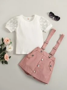 Toddler Girls Contrast Mesh Puff Sleeve Tee & Fake Button Pinafore Shorts - Multicolor - View 6