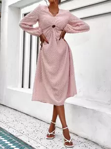 SHEIN Unity Cut Out Lantern Sleeve Fuzzy Dress - Dusty Pink - View 1