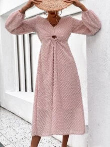 SHEIN Unity Cut Out Lantern Sleeve Fuzzy Dress - Dusty Pink - View 3