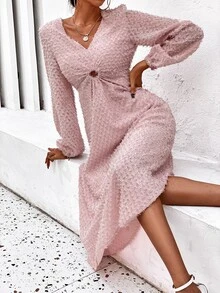 SHEIN Unity Cut Out Lantern Sleeve Fuzzy Dress - Dusty Pink - View 6