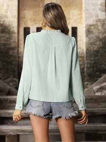 Chiquease Blusa de mujer con botones, cuello con volantes de bordado de ojetes y mangas abullonadas - verde menta - Ver 2