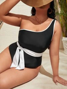 Plus Binding Trim Knot Front One Piece Swimsuit - Black - View 1