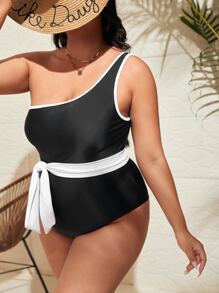 Plus Binding Trim Knot Front One Piece Swimsuit - Black - View 4